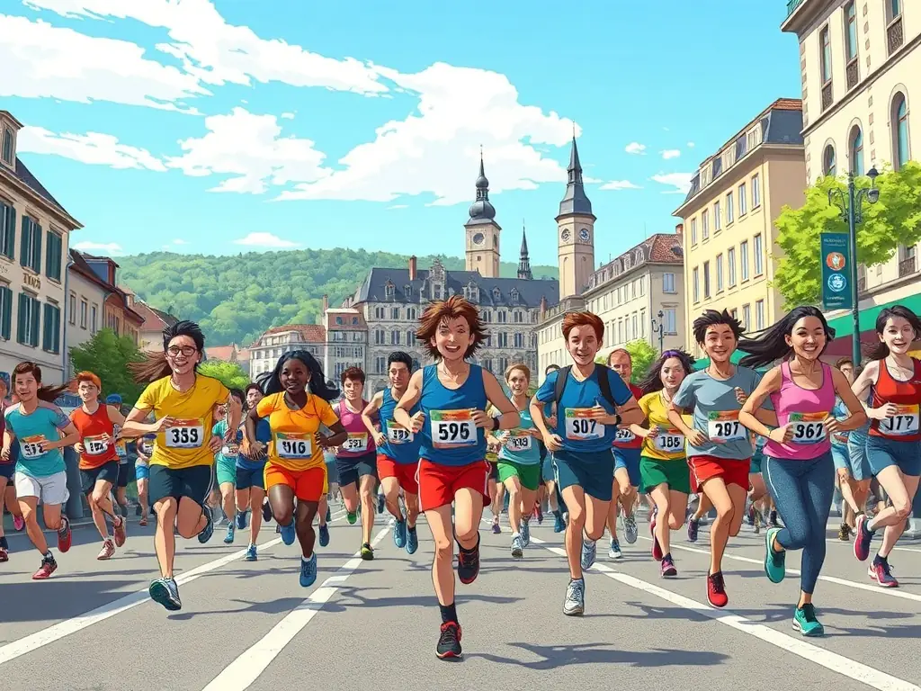 A dynamic photograph capturing the energy of a semi-marathon event, showcasing runners of diverse ages and abilities participating in the race, with the backdrop of Nuits-Saint-Georges.