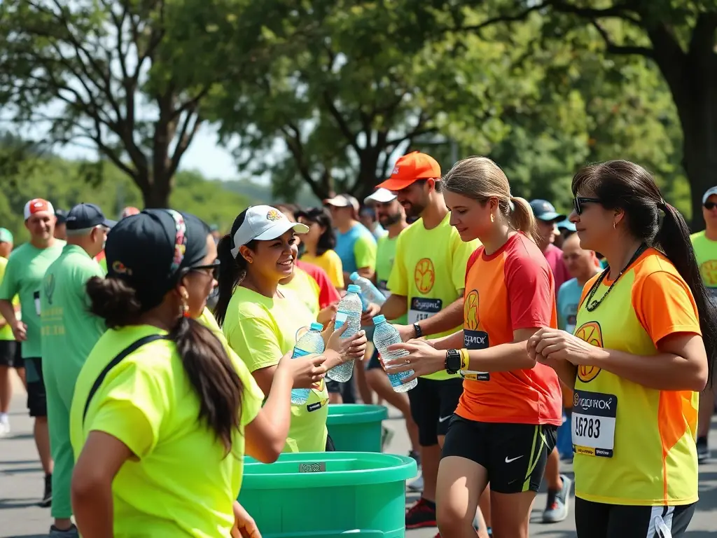 Volunteers assisting at a water station during a marathon event, highlighting the importance of community support.