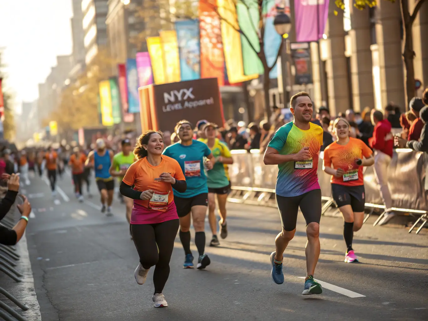 A group of runners participating in a semi-marathon event organized by NUITS SEMI MARATHON ORGANISATION, showcasing the energy and camaraderie of the race.