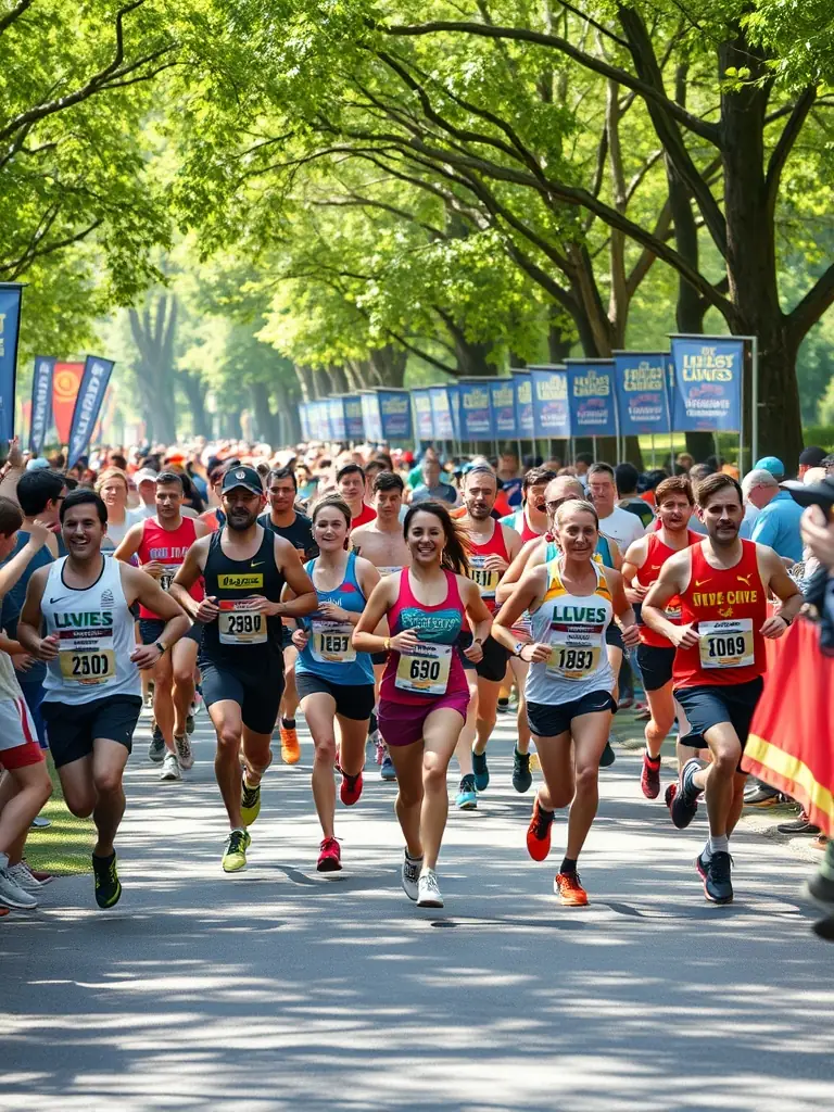 A photograph capturing the vibrant atmosphere of a NUITS SEMI MARATHON event, showcasing runners of diverse ages and abilities participating with enthusiasm, set against the backdrop of Nuits-Saint-Georges.