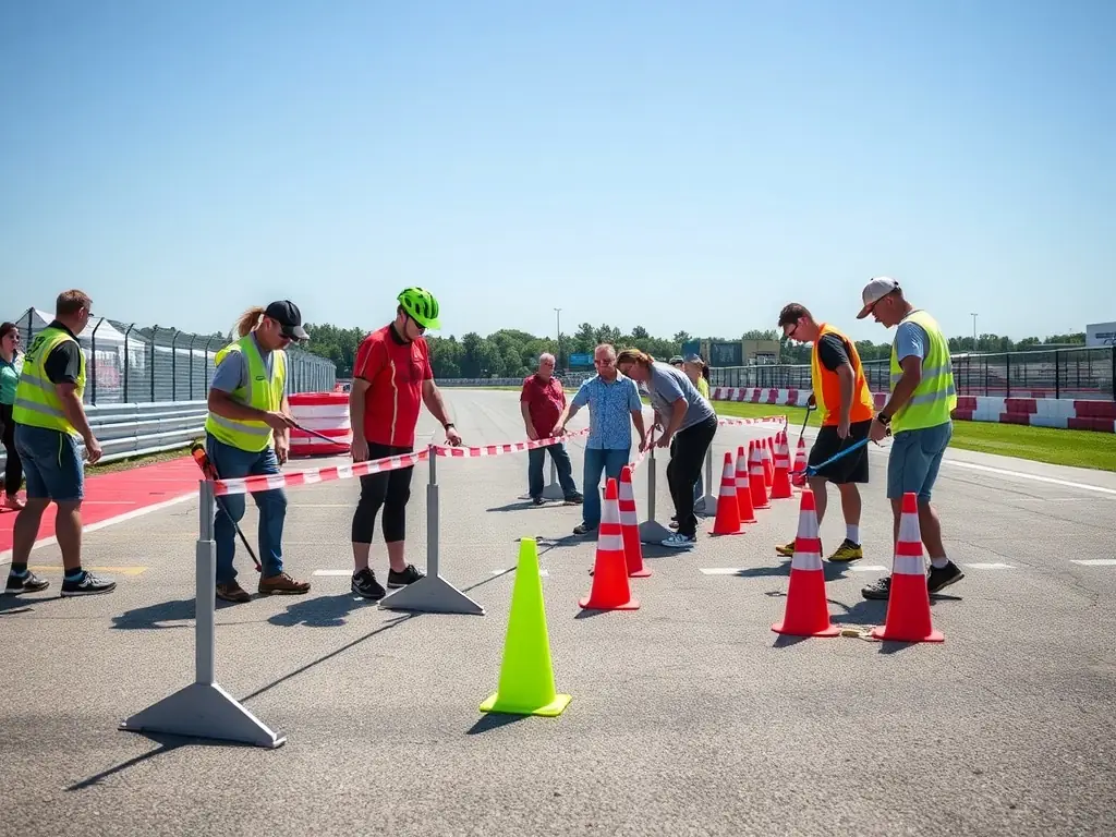 A photograph of volunteers and staff members working together to set up a race course, highlighting the teamwork and dedication involved in organizing a successful event.