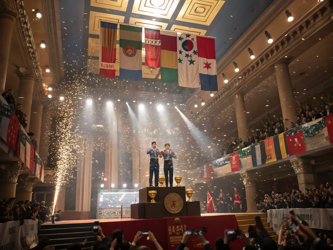 An image showing the awards ceremony of a semi-marathon, with winners receiving medals and certificates, and a crowd of supporters cheering them on.