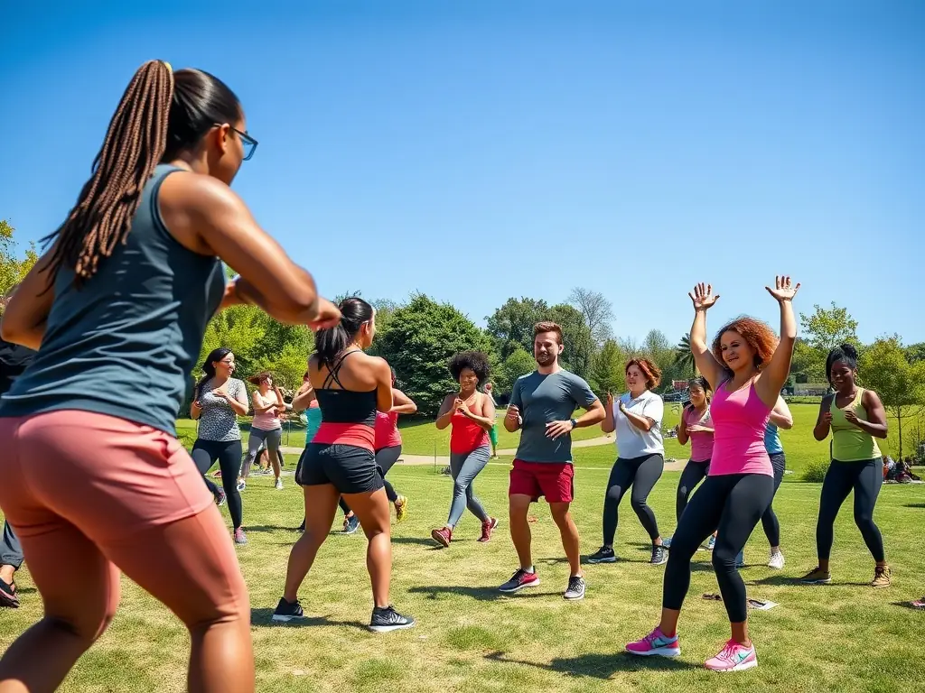 A diverse group of individuals participating in a community fitness program, led by certified trainers in a local park.