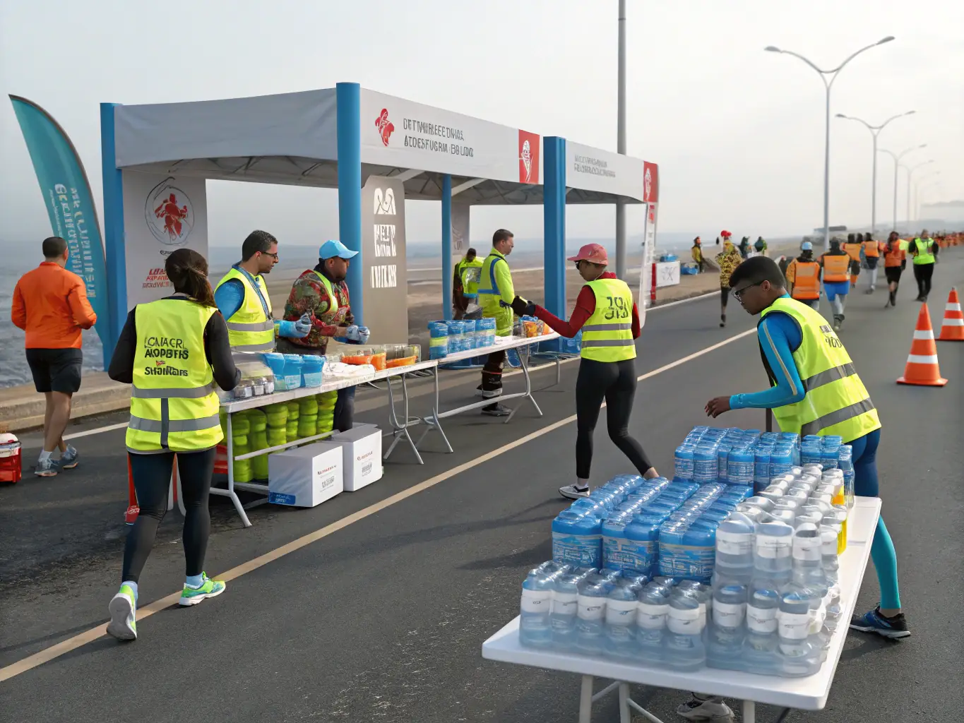 An image of volunteers assisting runners during a race, highlighting the organization's commitment to safety and support.